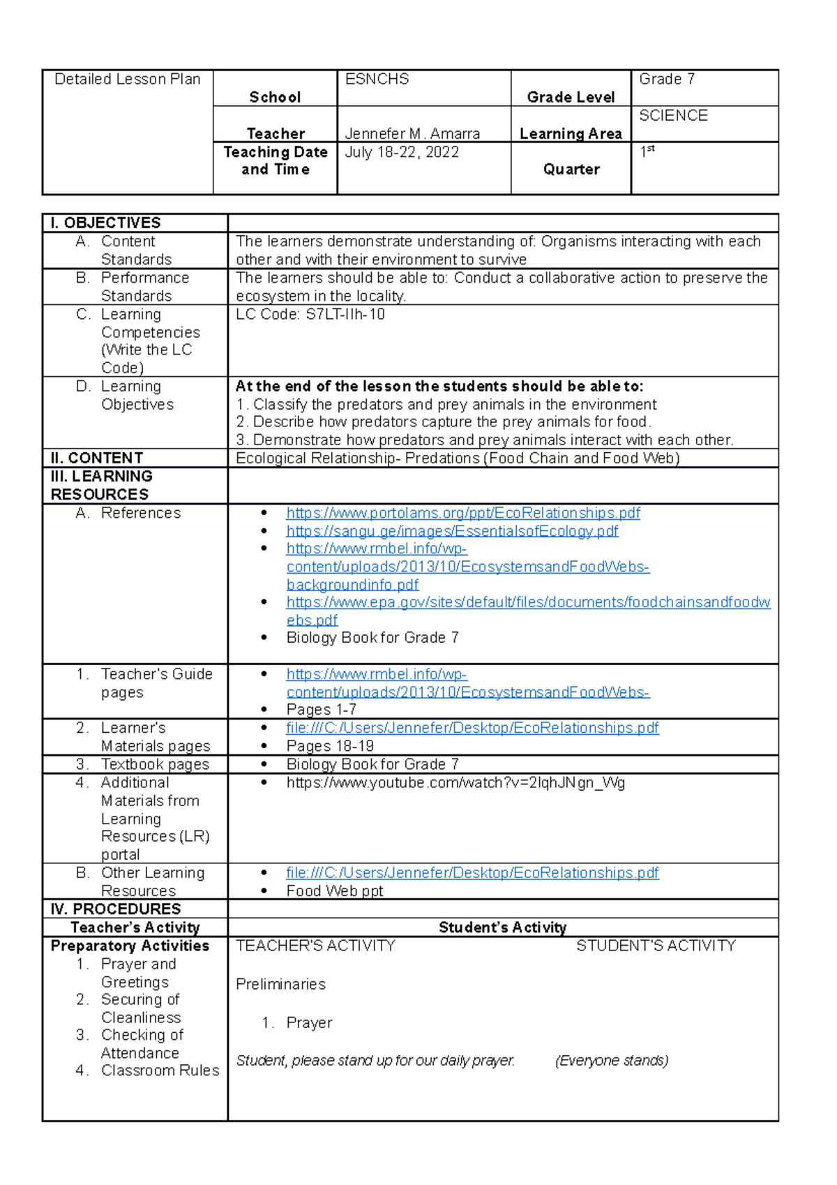 7Es-Lesson-Plan - none - Detailed Lesson Plan School ESNCHS Grade Level ...