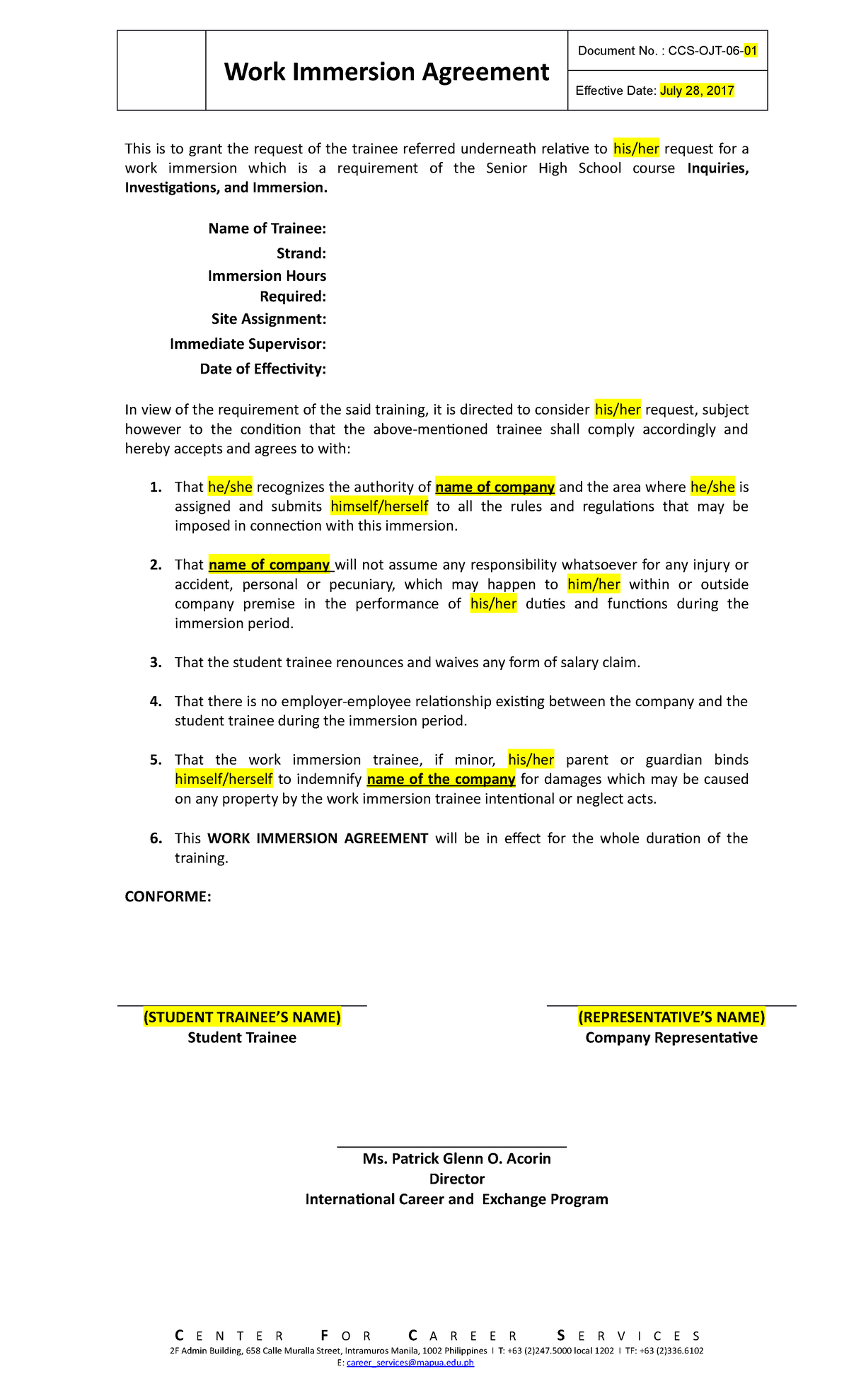 07 - RES03 - Alternative for Mo A Work Immersion Agreement Form ...