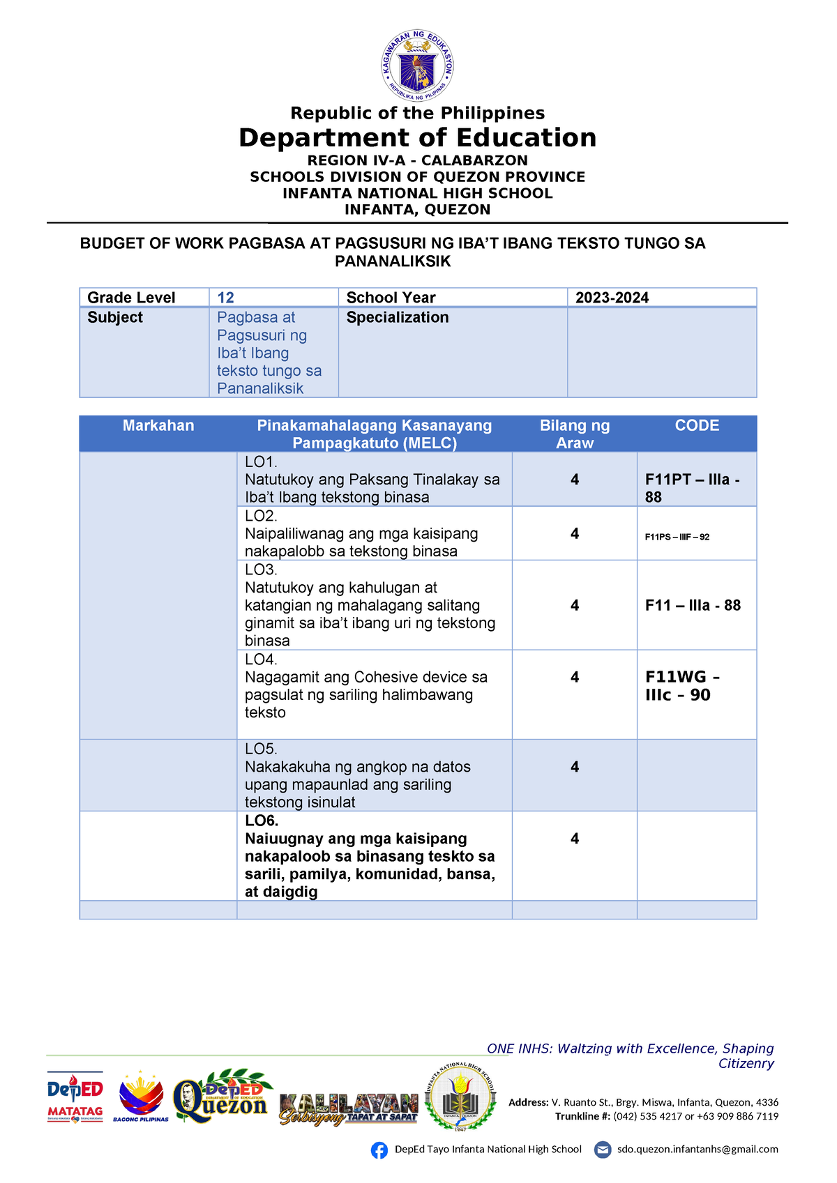 Budget of work filipino - ONE INHS: Waltzing with Excellence, Shaping ...