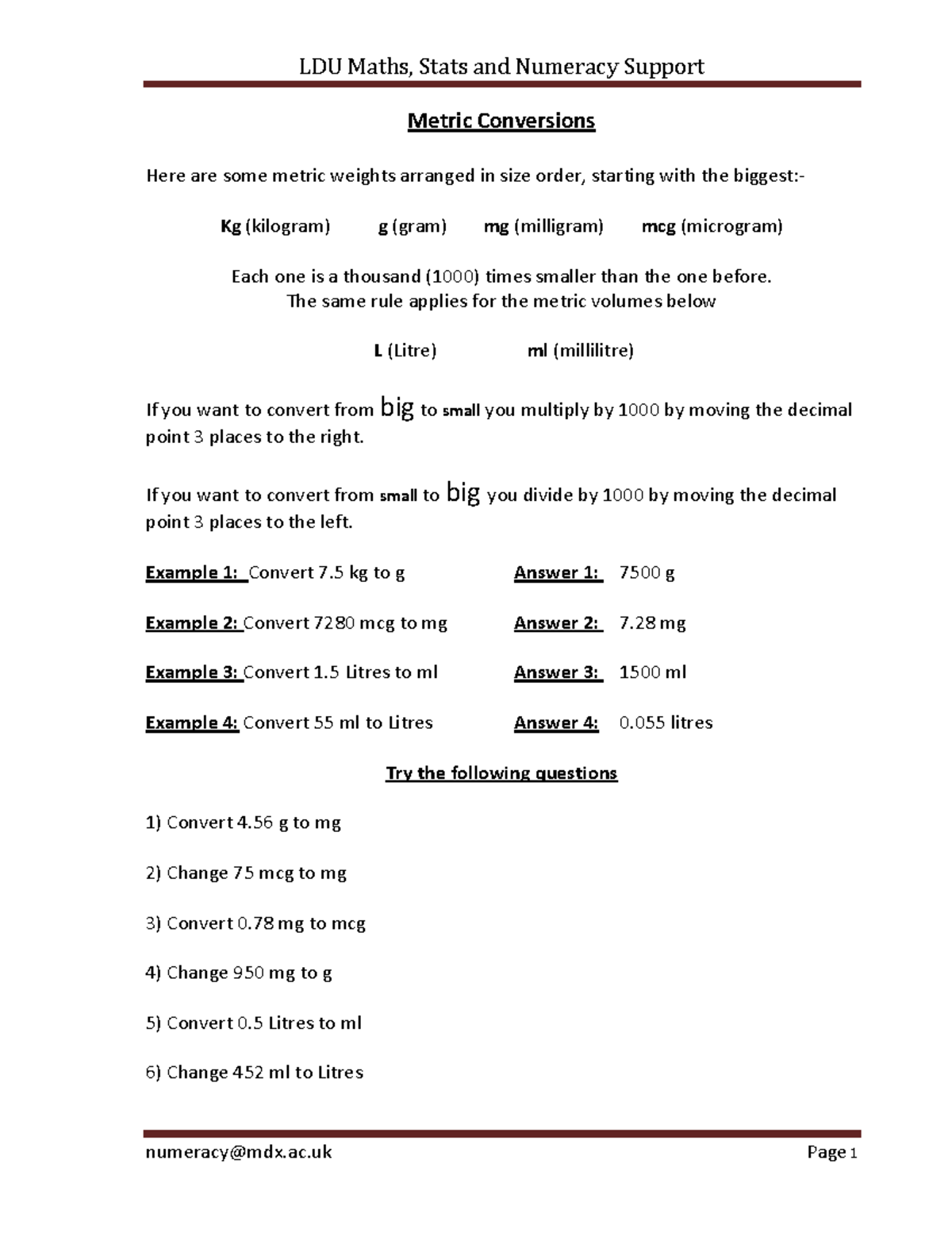 Nursing-Calculations-Workbook - Metric Conversions Here are some metric ...