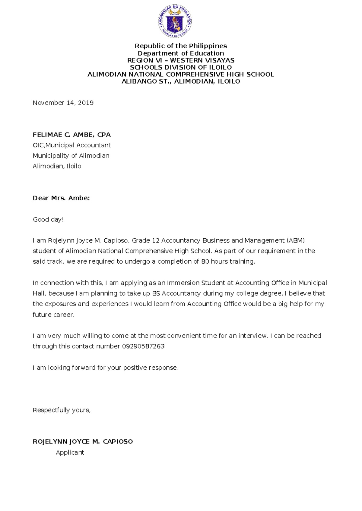 Immersion-application-letter - Republic of the Philippines Department ...