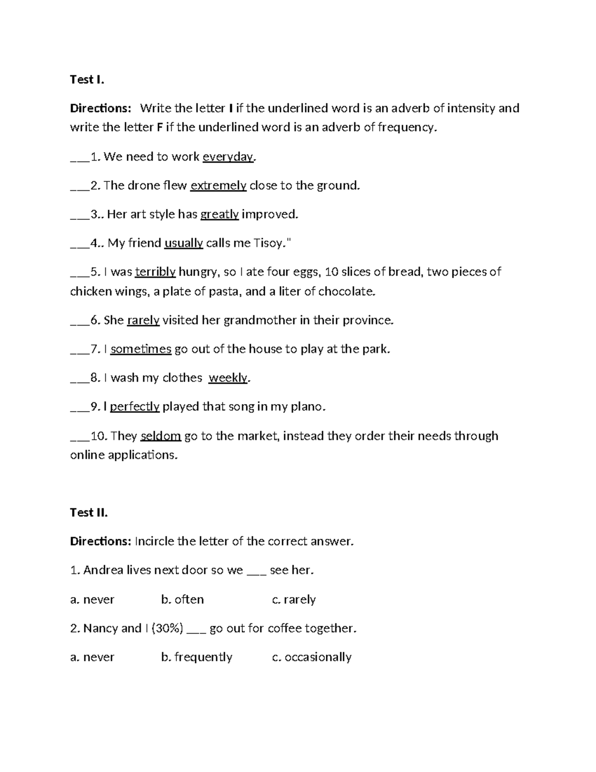 Directions -WPS Office - Test I. Directions: Write the letter I if the ...