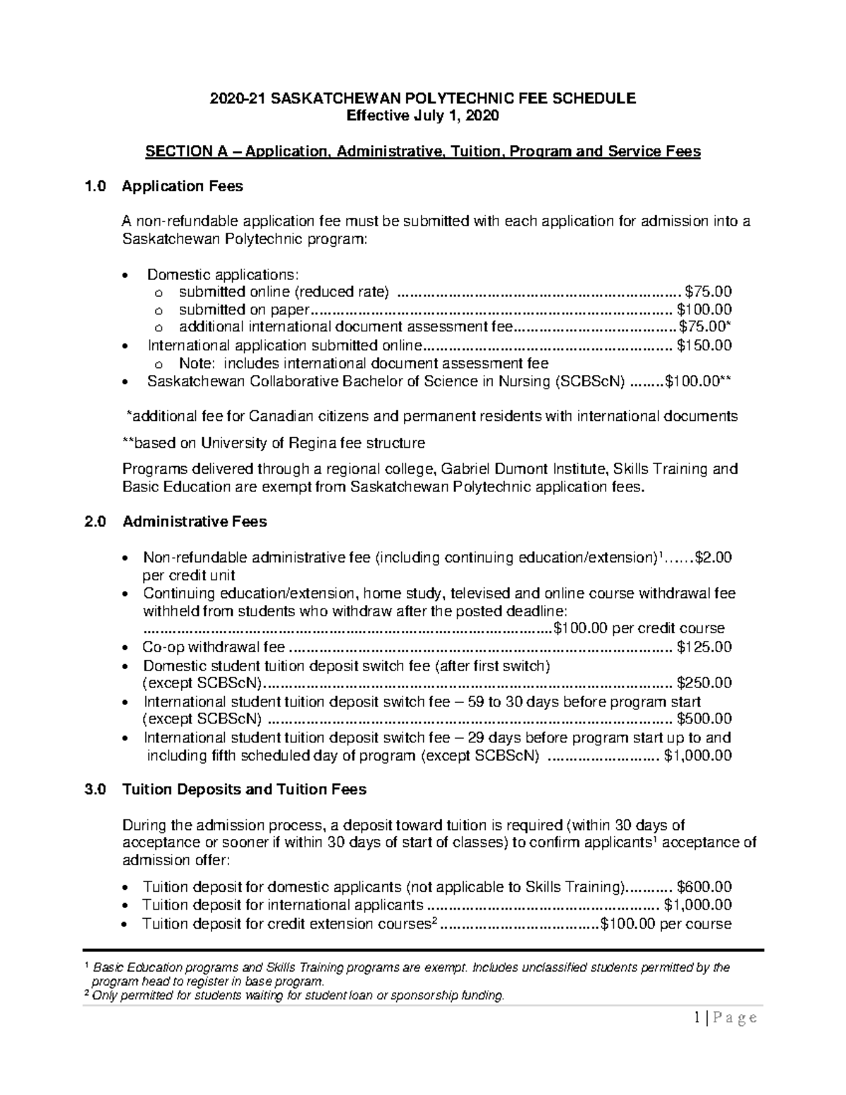 Tuitionandfeesfeeschedule 20-21 - 2020 -21 SASKATCHEWAN POLYTECHNIC FEE ...