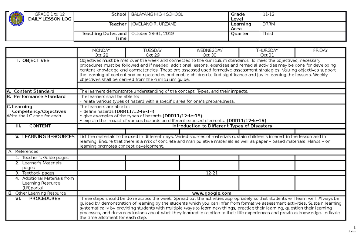 DRRM week 1 - DLL IN DRRR - GRADE 1 to 12 DAILY LESSON LOG School ...