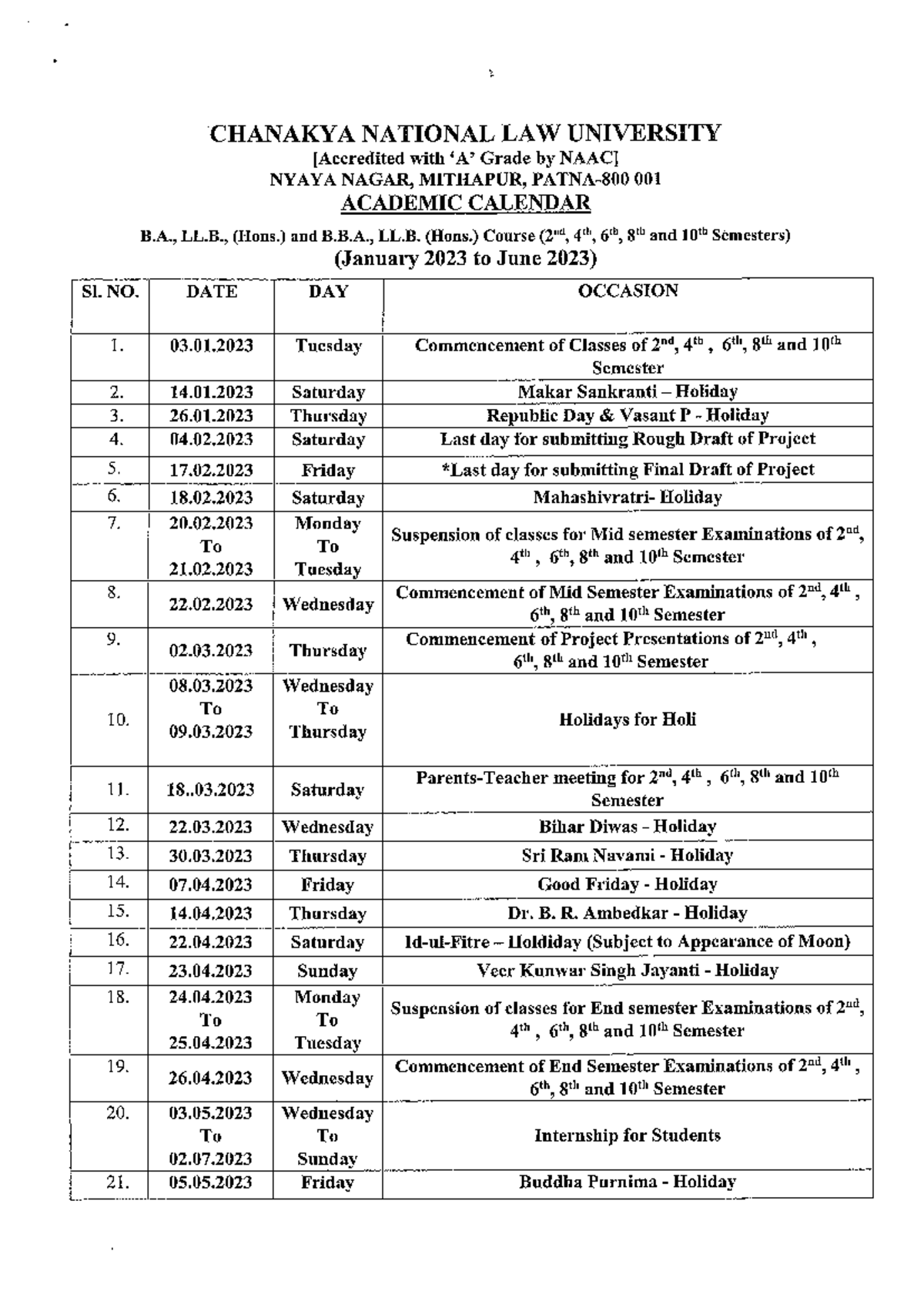 UG Academic Calendar January 2023 to June 2023 BALLB Integrated