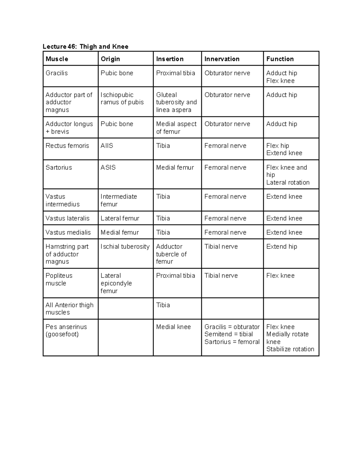 Muscle Charts - Lecture 46: Thigh and Knee Muscle Origin Insertion ...