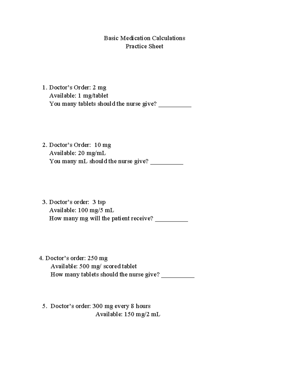 Module 3 Math Practice - Basic Medication Calculations Practice Sheet ...