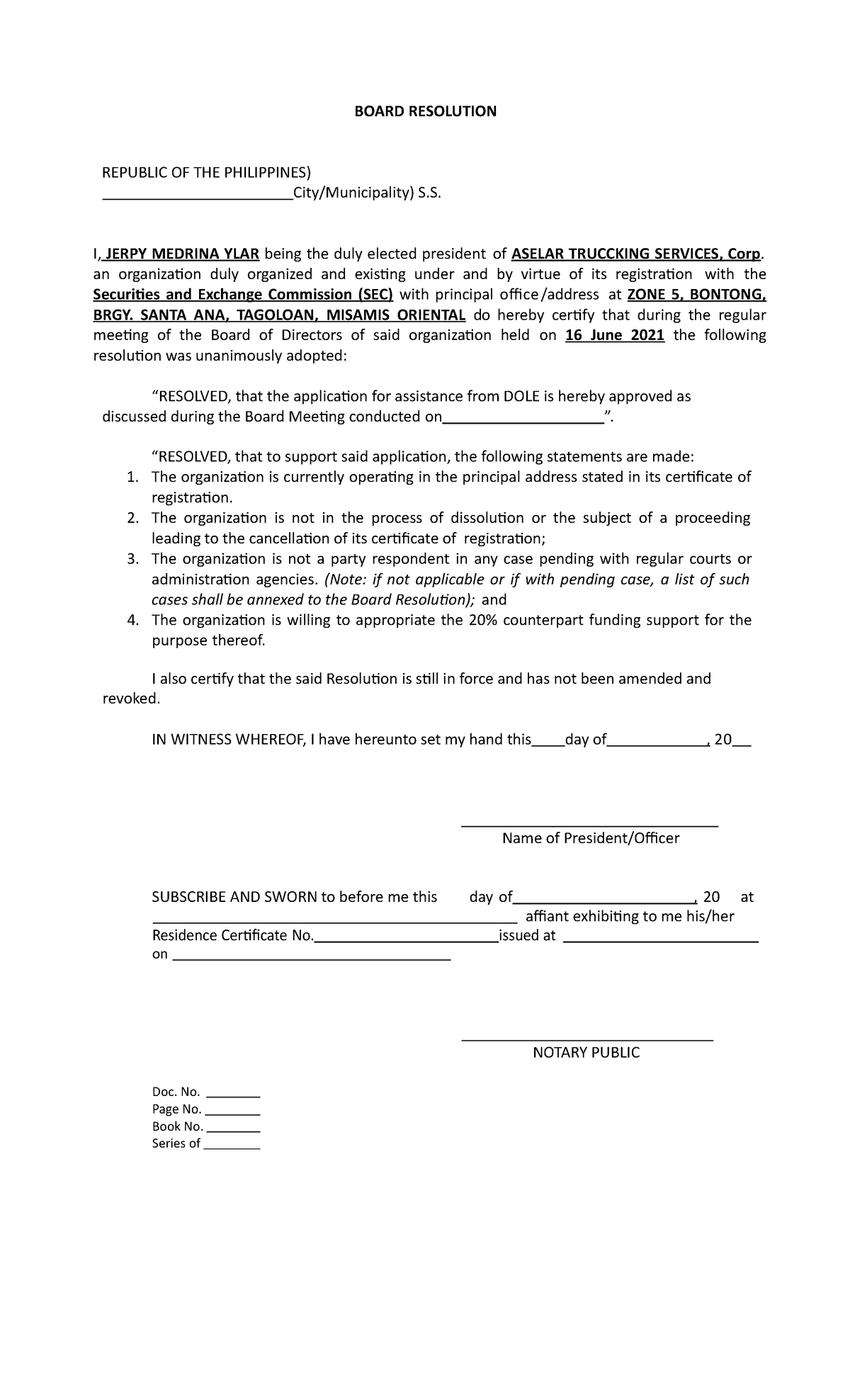 Board Resolution Sample Philippines - BOARD RESOLUTION REPUBLIC OF THE ...