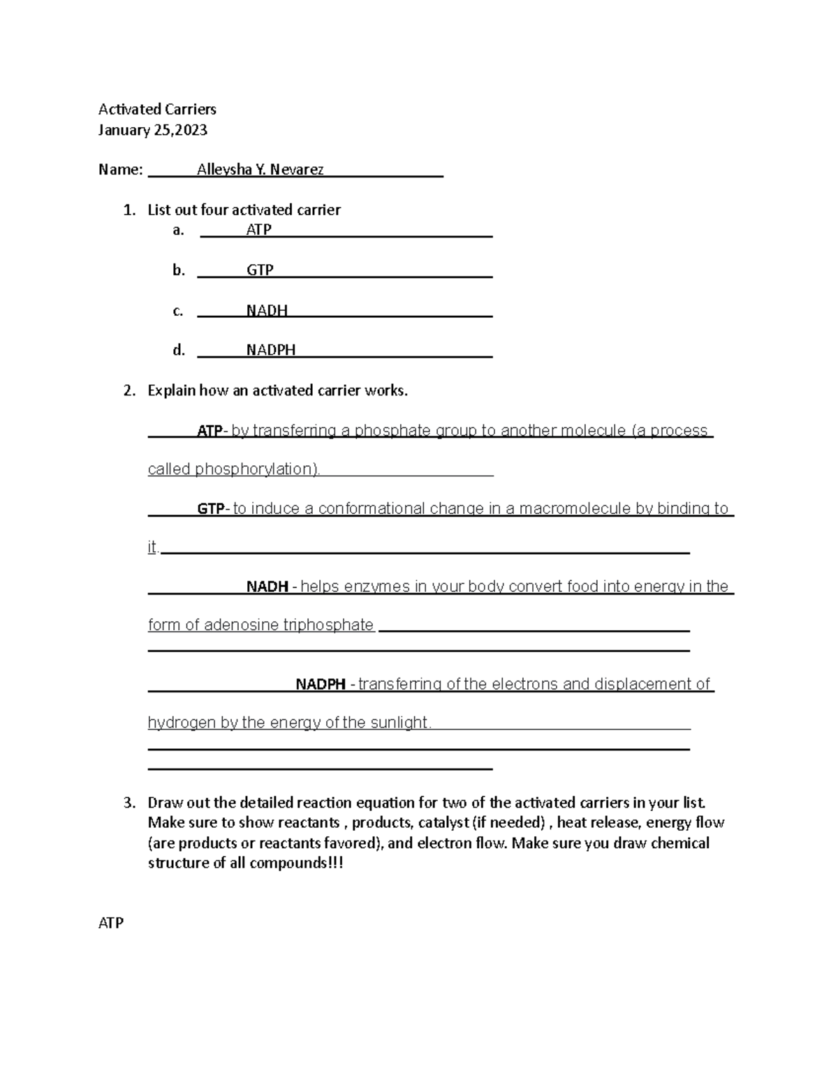 Activated carriers - Activated Carriers January 25, Name: Alleysha Y ...