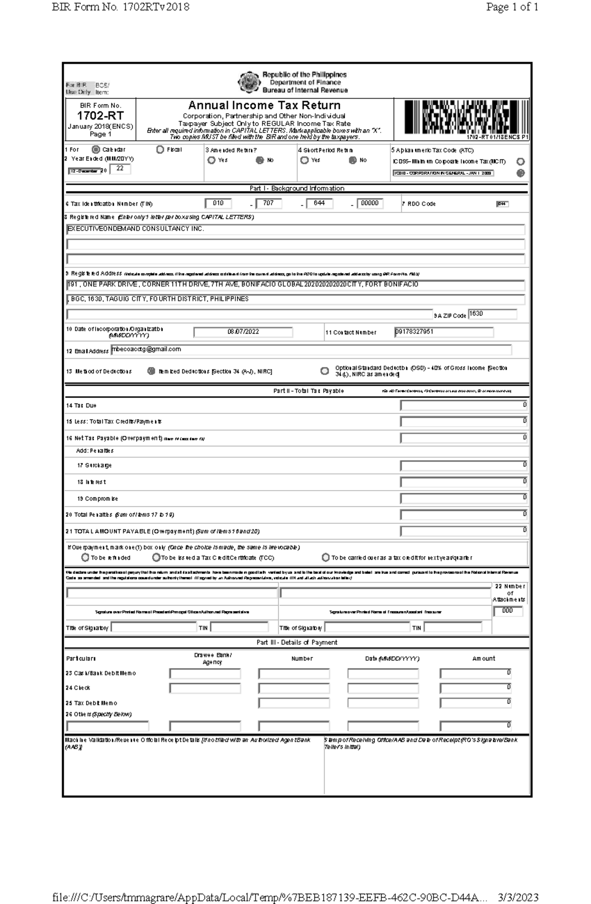 EOD 2022 SAMPLE - BIR Form No. 1702-RT January 2018(ENCS) Page 1 Annual ...