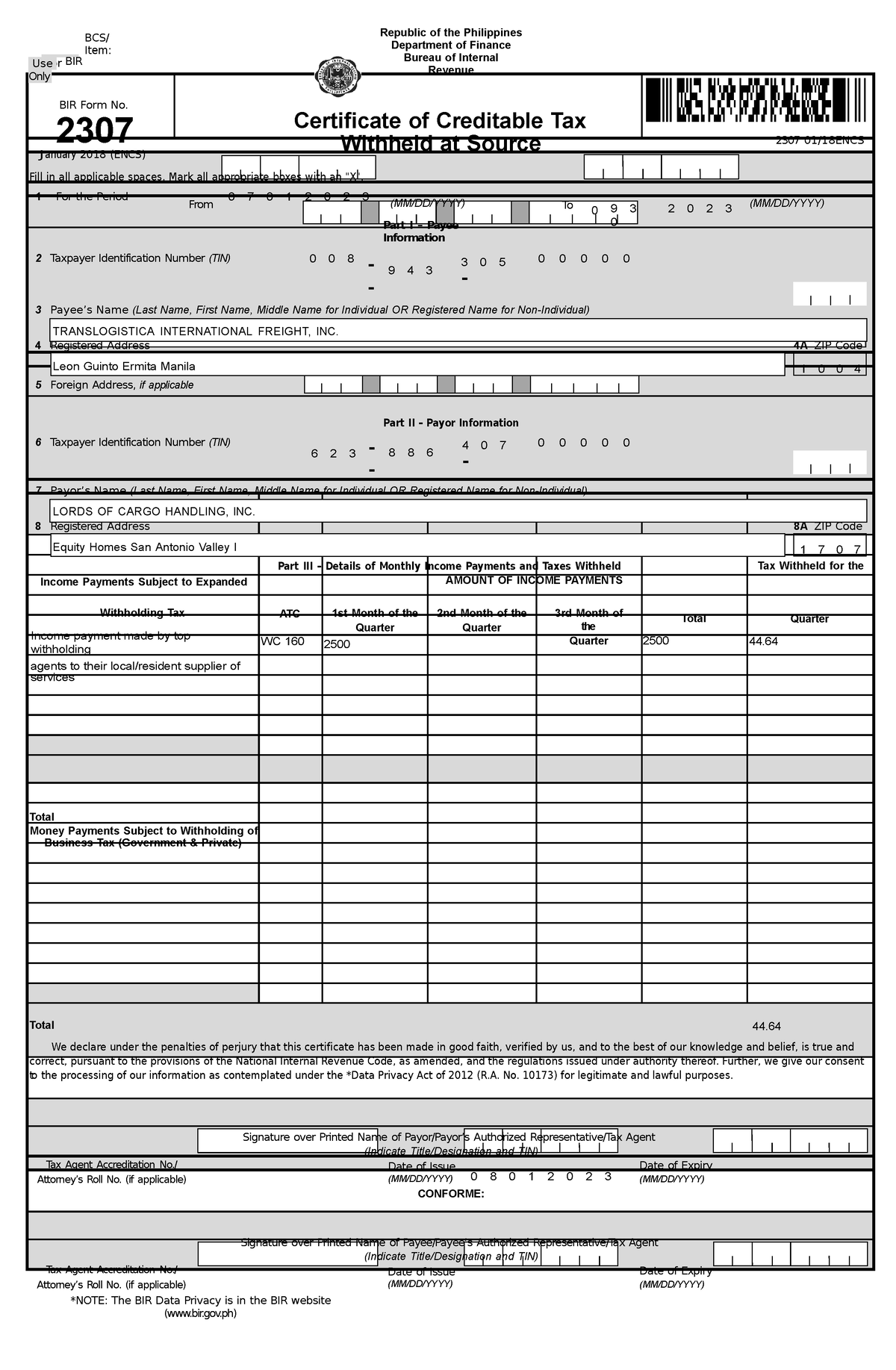 2307 bir form - Expanded Withholding Tax Form - UseFor BIR Only BCS ...