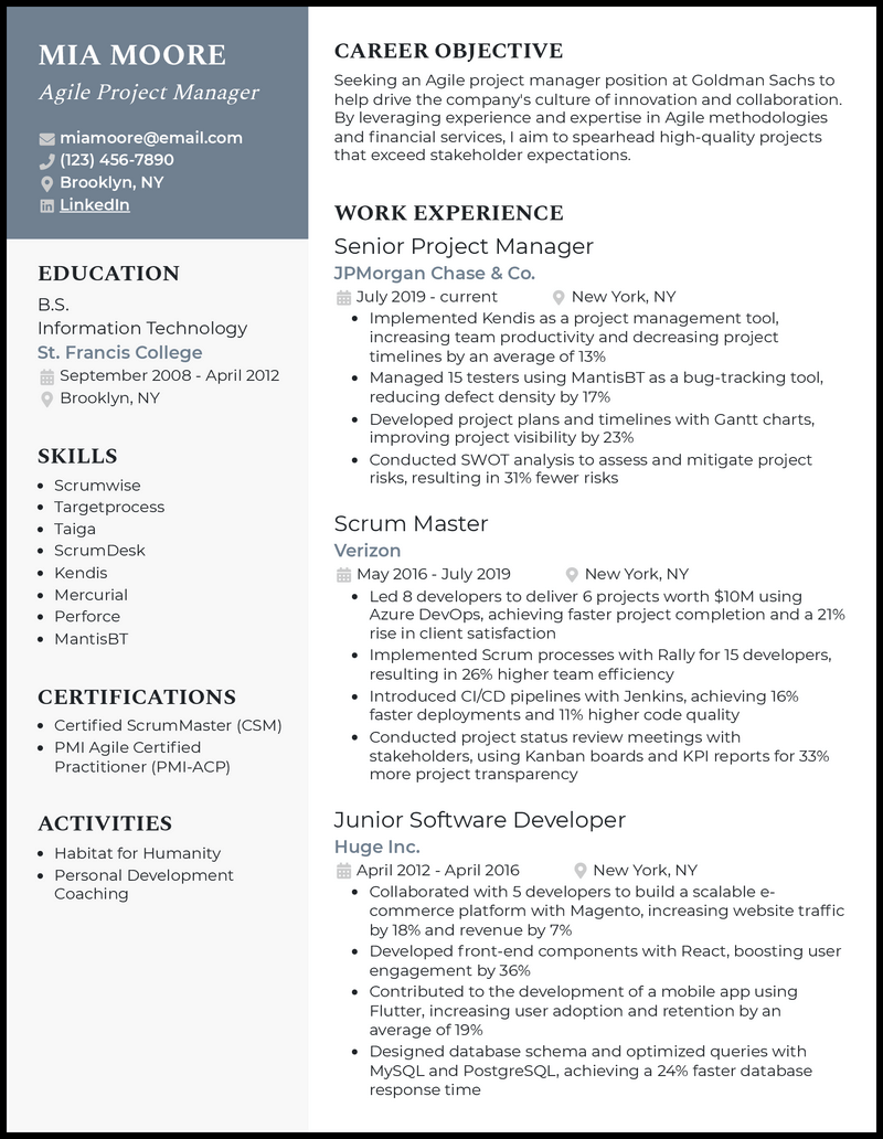 project management skills resume sample