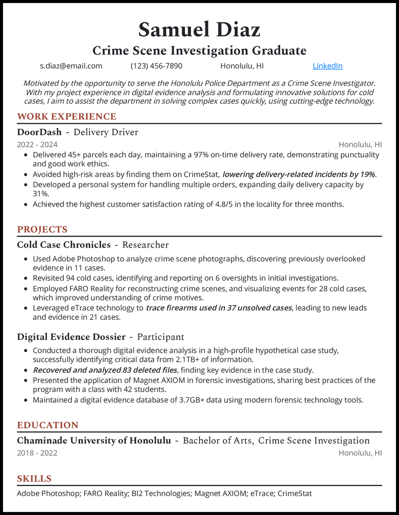 Recent college graduate 4 resume example with crime scene research experience