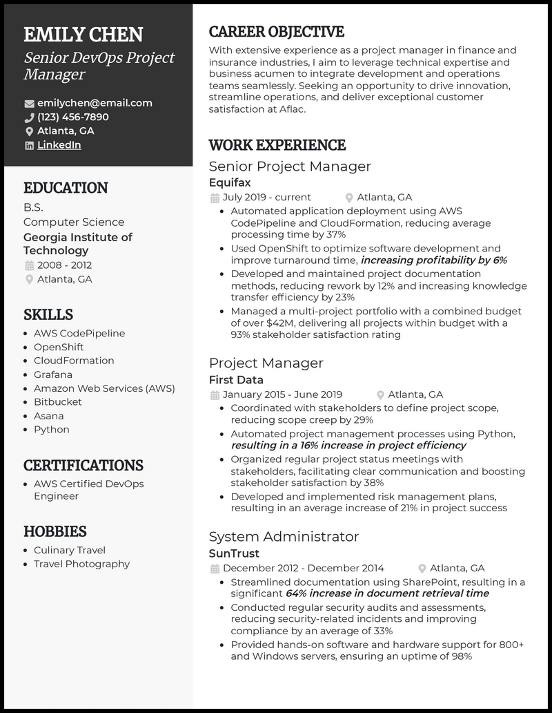 project management skills resume sample