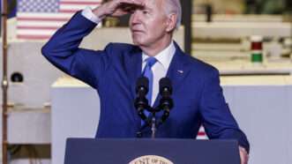 President Joe Biden peers into the crowd during a campaign speech. | TANNEN MAURY/UPI/Newscom