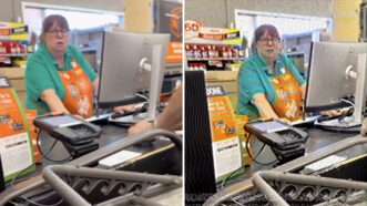 Darcy Waldron Pinckney is seen behind the register at Home Depot prior to the company firing her for a social media post. | Screenshot, X