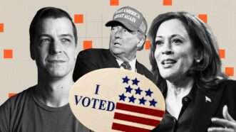 Chase Oliver, Donald Trump, and Kamala Harris | Illustration: Lex Villena; adapted from Katy Kildee, The Detroit News/TNS, Jeff M. Brown/ZUMAPRESS, Robin Rayne/ZUMAPRESS/Annabelle Gordon/picture alliance / Consolidated News Photos/Newscom, Jlmcanally | Dreamstime.com