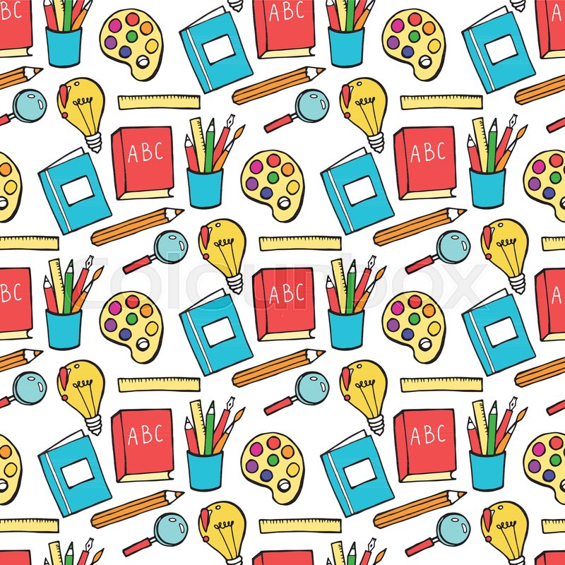 Seamless colored back to school pattern with supplies stationary and  creative elements. Colorful fun cute vector line background. | Stock vector  | Colourbox