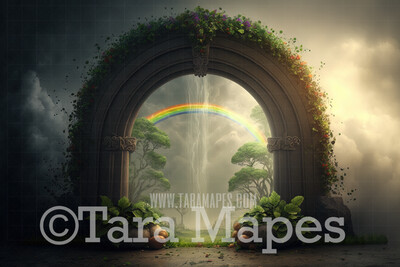 St Patricks Day Digital Backdrop - St Paddys Digital Background - Arch of Clovers and Flowers with Rainbow - Irish Digital Background JPG