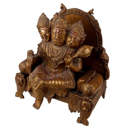 Handmade Brown Brass Three Face Lord Hanuman Statue Seated On Throne