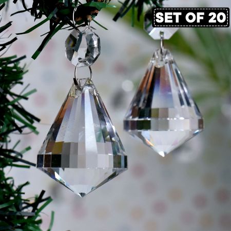 Set of 20 Clear Crystal Glass Faceted Diamond Christmas Ornaments-Chandelier Drop