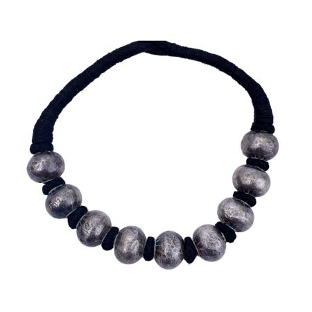 Big Silver Beads With Black Rope Design Necklace