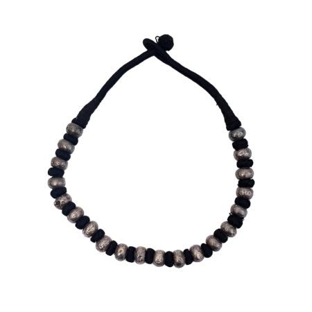 Tribal Black Thread and Oxidized Silver Bead Necklace