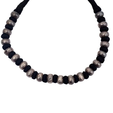 Tribal Black Thread and Oxidized Silver Bead Necklace