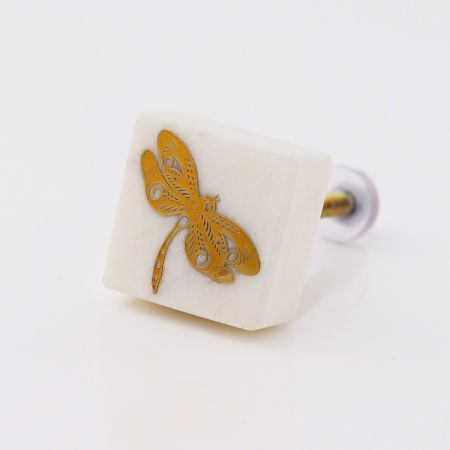 White and Golden Dragonfly Stone Dresser Knobs