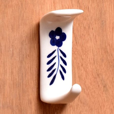 Adorable White Ceramic Blue Floral Adhesive Towel Hook