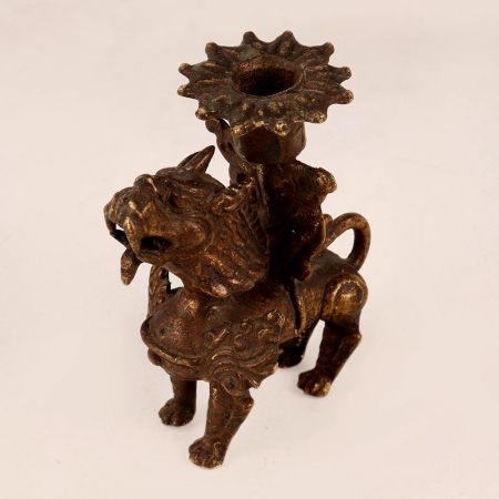 Vintage Brass Chinese Lion Statue Candle Holder