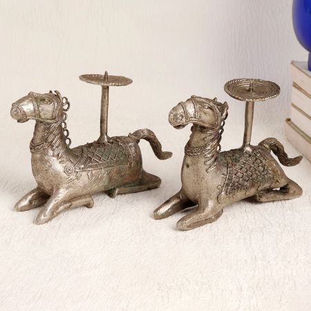 Tribal Art Brass Horse Candle Holder in Set of 2