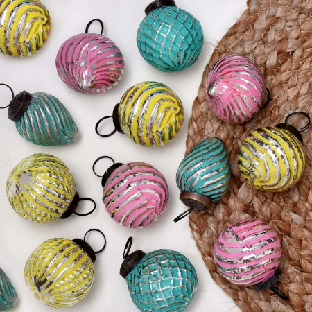 Multi-Coloured Distressed Round Glass Christmas Hanging Set of 12