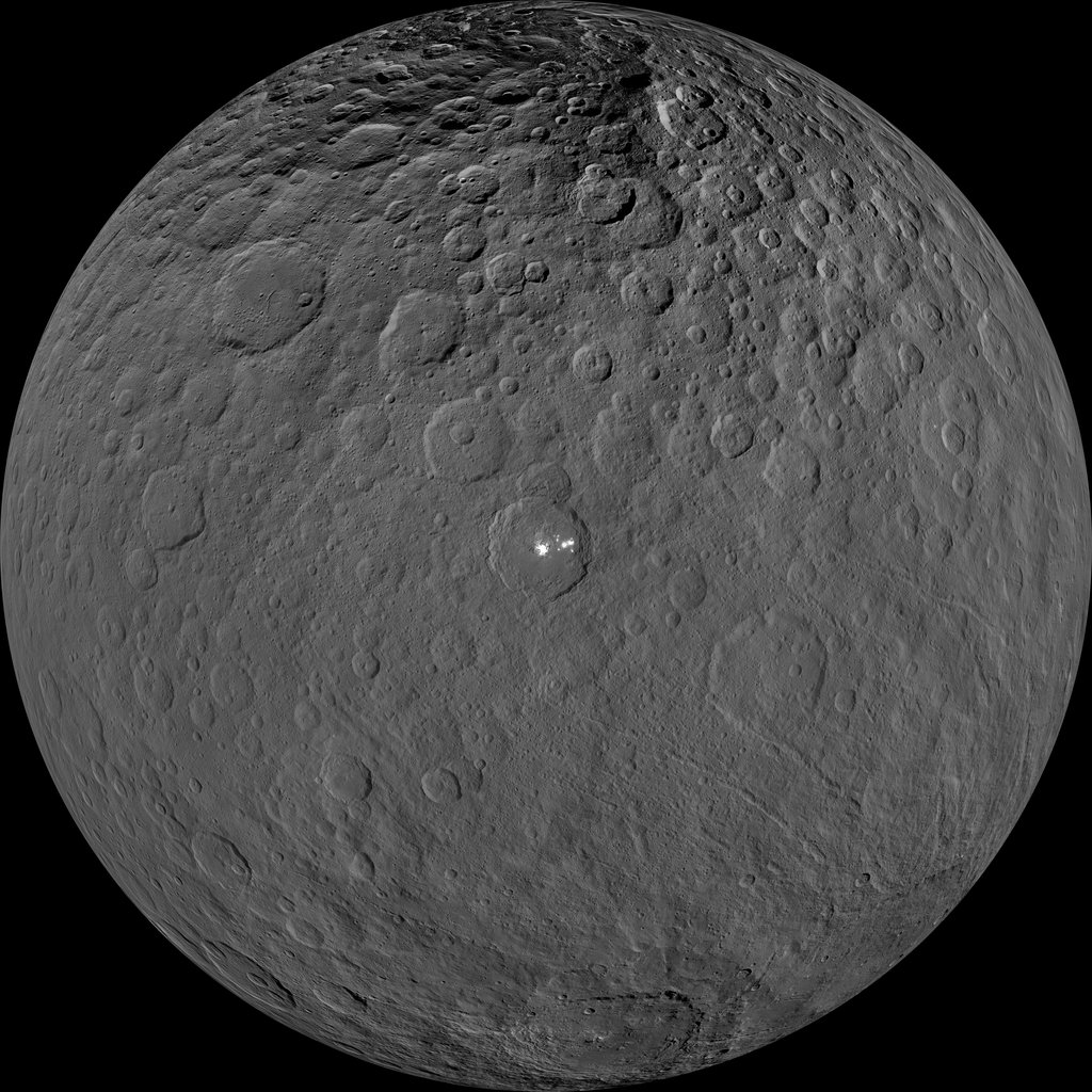 This orthographic projection shows dwarf planet Ceres as seen by NASA's Dawn spacecraft. The projection is centered on Occator Crater, home to the brightest area on Ceres.