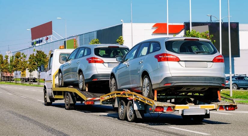 Two cars being transported on a rural road.