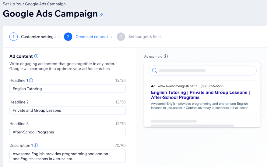Screenshot of the Google Ads with Wix campaign setup flow customizing ad settings