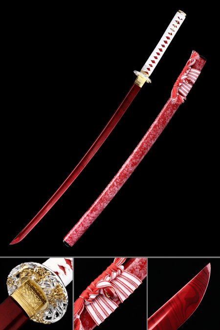 Handmade Japanese Katana Sword With Blood Red Blade And Scabbard