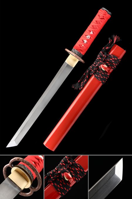 Handmade Japanese Short Tanto Sword Pattern Steel With Red Scabbard