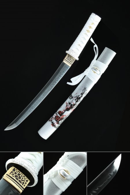 Handmade Japanese Short Tanto Sword T10 Carbon Steel Real Hamon With White Scabbard