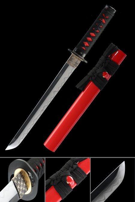 Handmade T10 Carbon Steel Tanto – Clay Tempered Samurai Short Sword With Red Saya