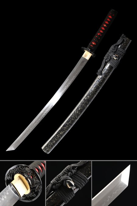 Handmade Japanese Wakizashi Sword T10 Folded Clay Tempered Steel With Black Scabbard