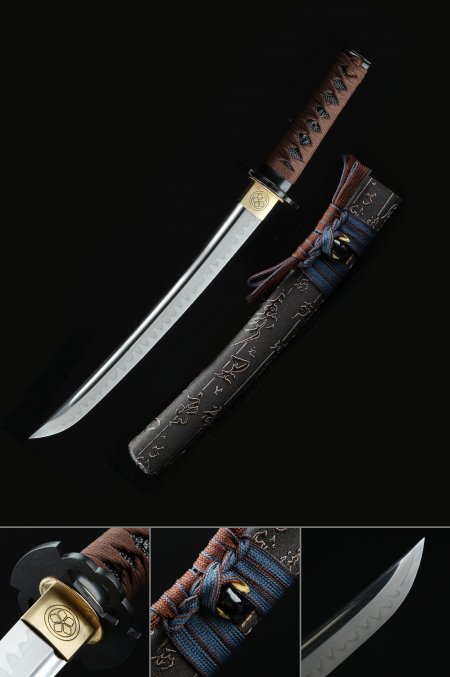 Handmade Short Japanese Tanto Sword T10 Folded Clay Tempered Steel Real Hamon