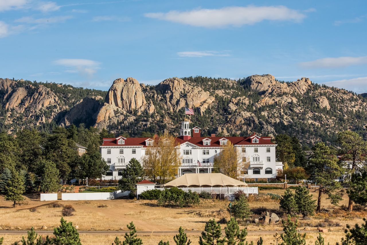 Wide shot of The Stanley Hotel in Estes Park, Colorado