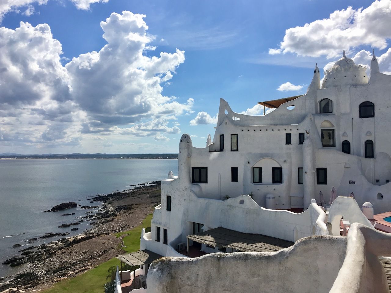 Unusual white casa pueblo building in Punta Ballena, Uruguay