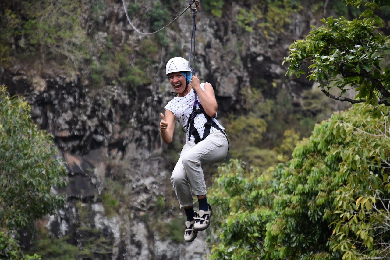 Person zip lining in Lavilleon Natural Forest, Mauritius