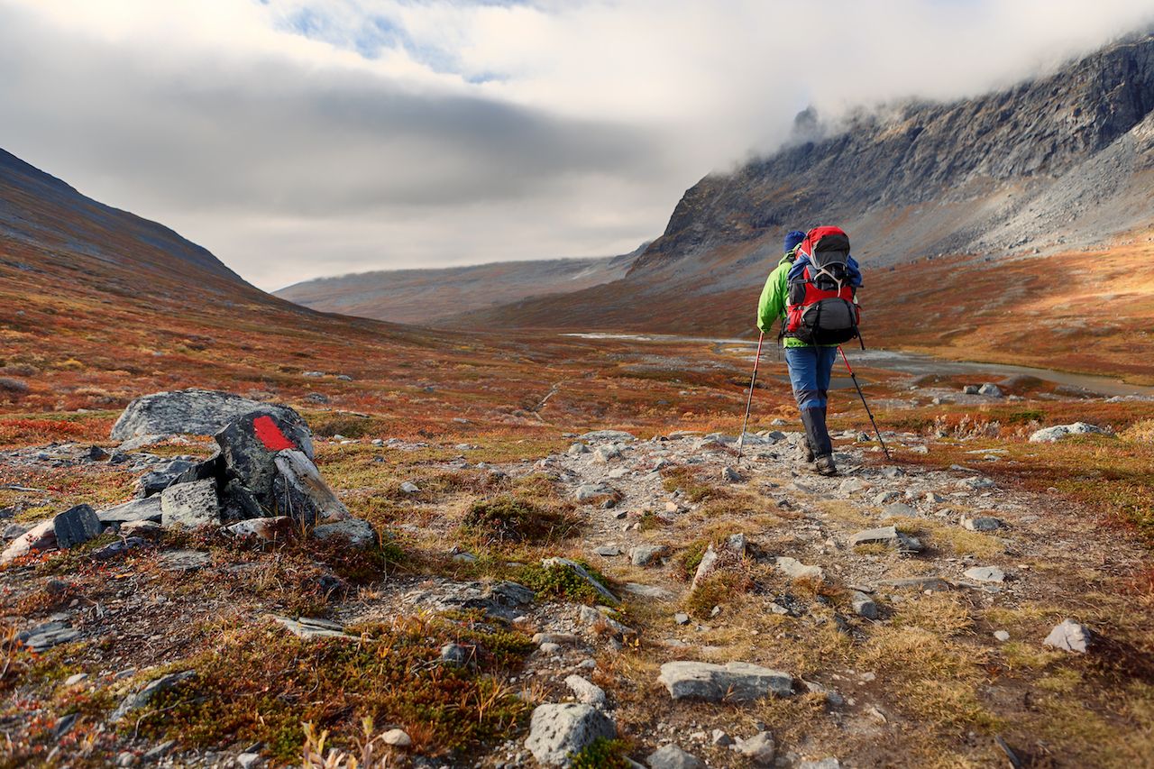 long distance Hiker on the Kungsleden hiking Trail in Lapland