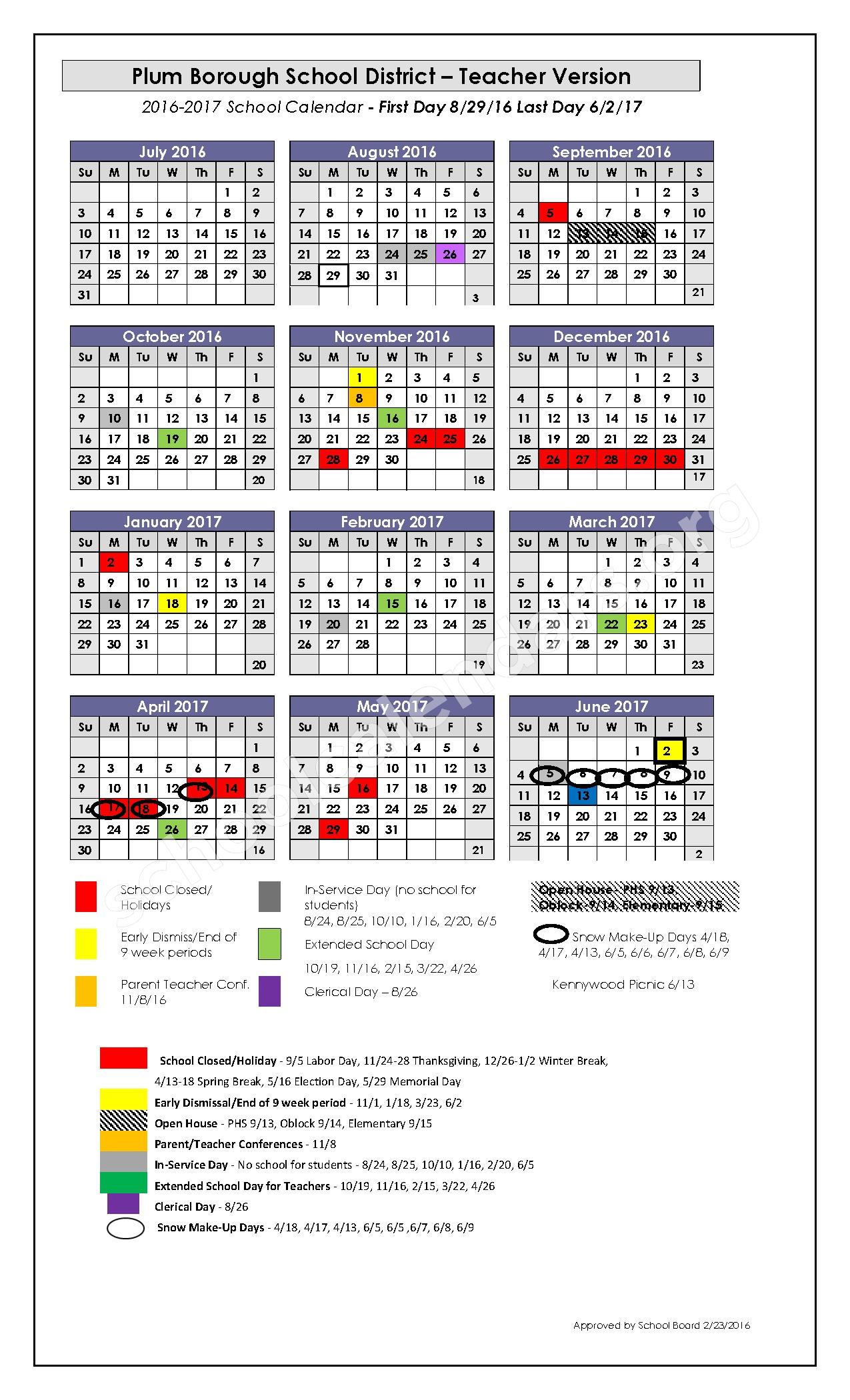 2016 - 2017 Teacher Calendar | Plum Borough School District – Plum, PA