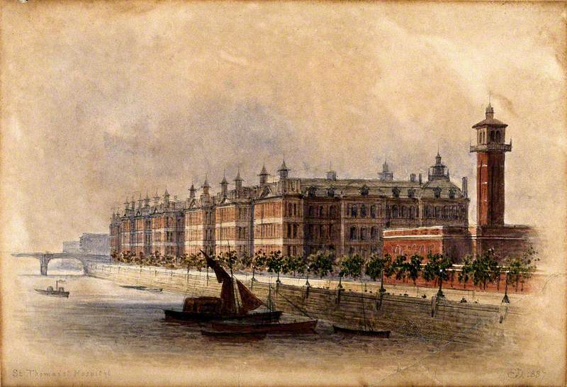 St Thomas's Hospital, Lambeth, Viewed from Upstream on the Thames, Perhaps from Lambeth Bridge