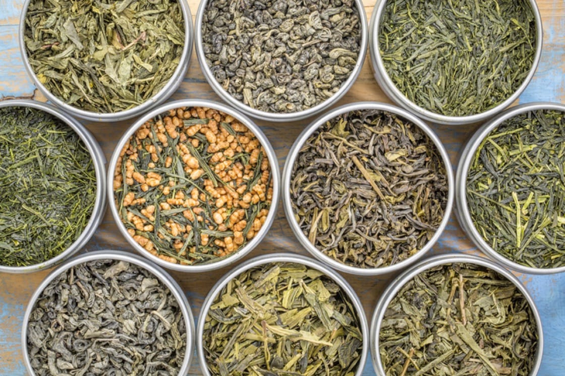 A variety of loose green teas.