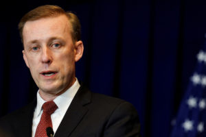 FILE PHOTO: U.S. National Security Adviser Jake Sullivan attends a press conference in Beijing